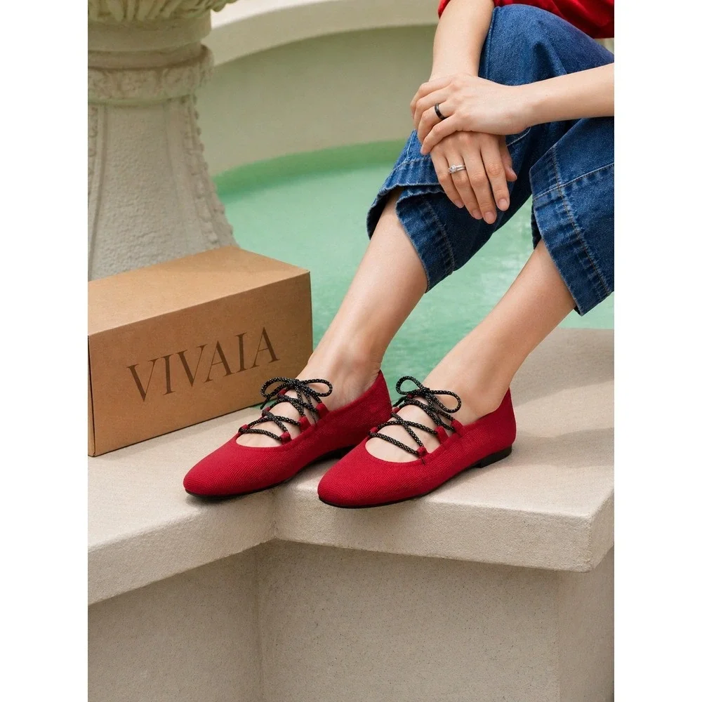 Vivaia Red Square Toe Knit Ballet Flats Lace Up Polka Dot size‎  EU/39 US/8